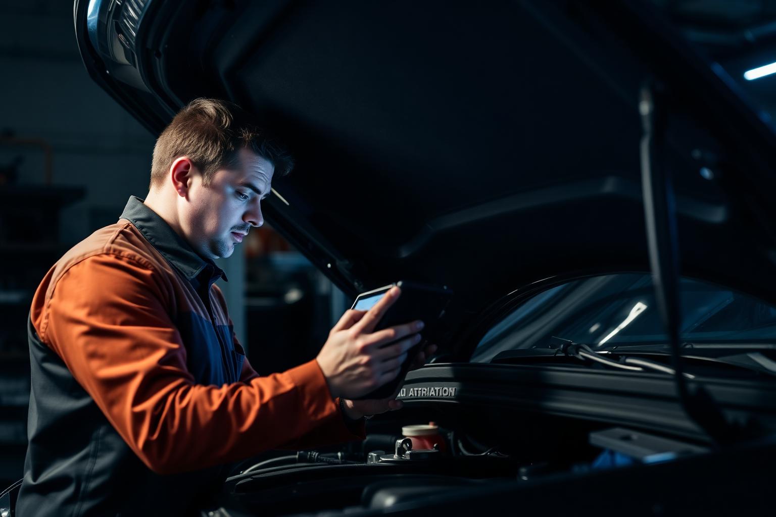 Mecânico realizando diagnóstico no motor
